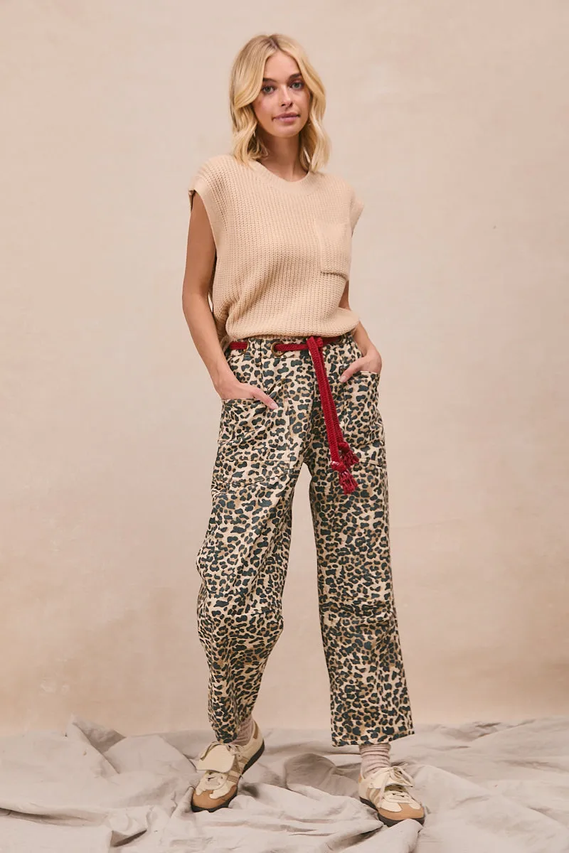 High Waist Office Wear IB1537-02 | BRAIDED WAIST BELT PATCH LEOPARD PRINT PANTS