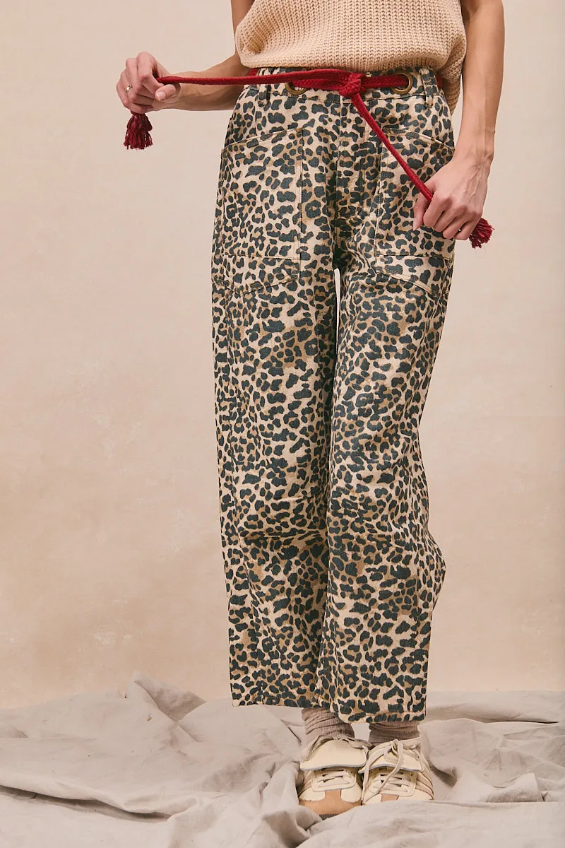 IB1537-02 | BRAIDED WAIST BELT PATCH LEOPARD PRINT PANTS All Day Fit