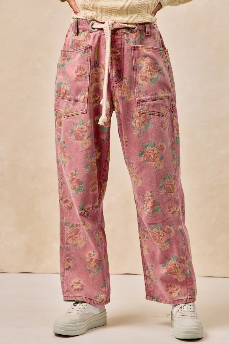 Bold Waistband Stretchy Material IB1537G-16 | BRAIDED WAIST BELT PATCH POCKETS FLORAL PRINT PANT