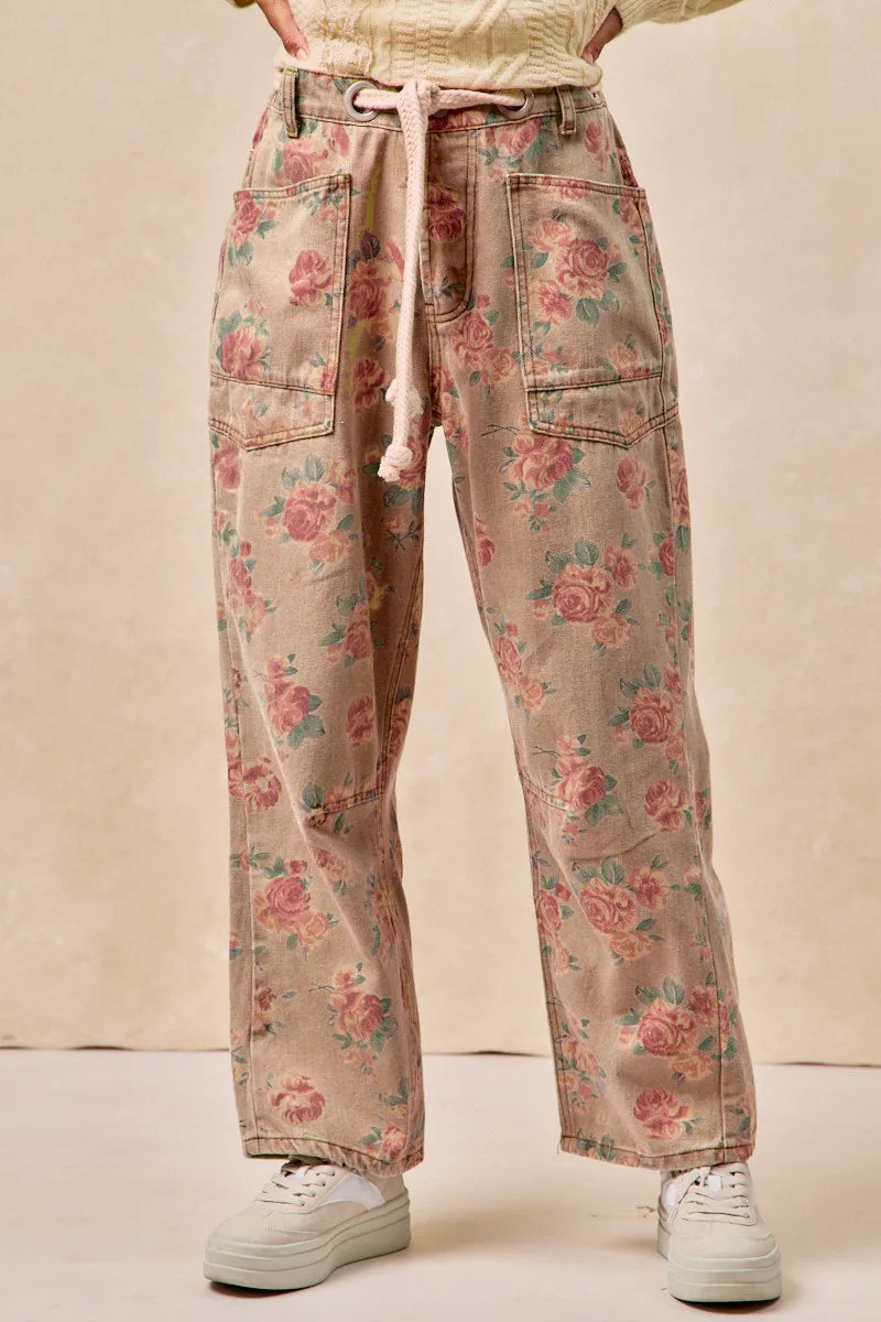 Stretchy Material On The Go IB1537G-16 | BRAIDED WAIST BELT PATCH POCKETS FLORAL PRINT PANT