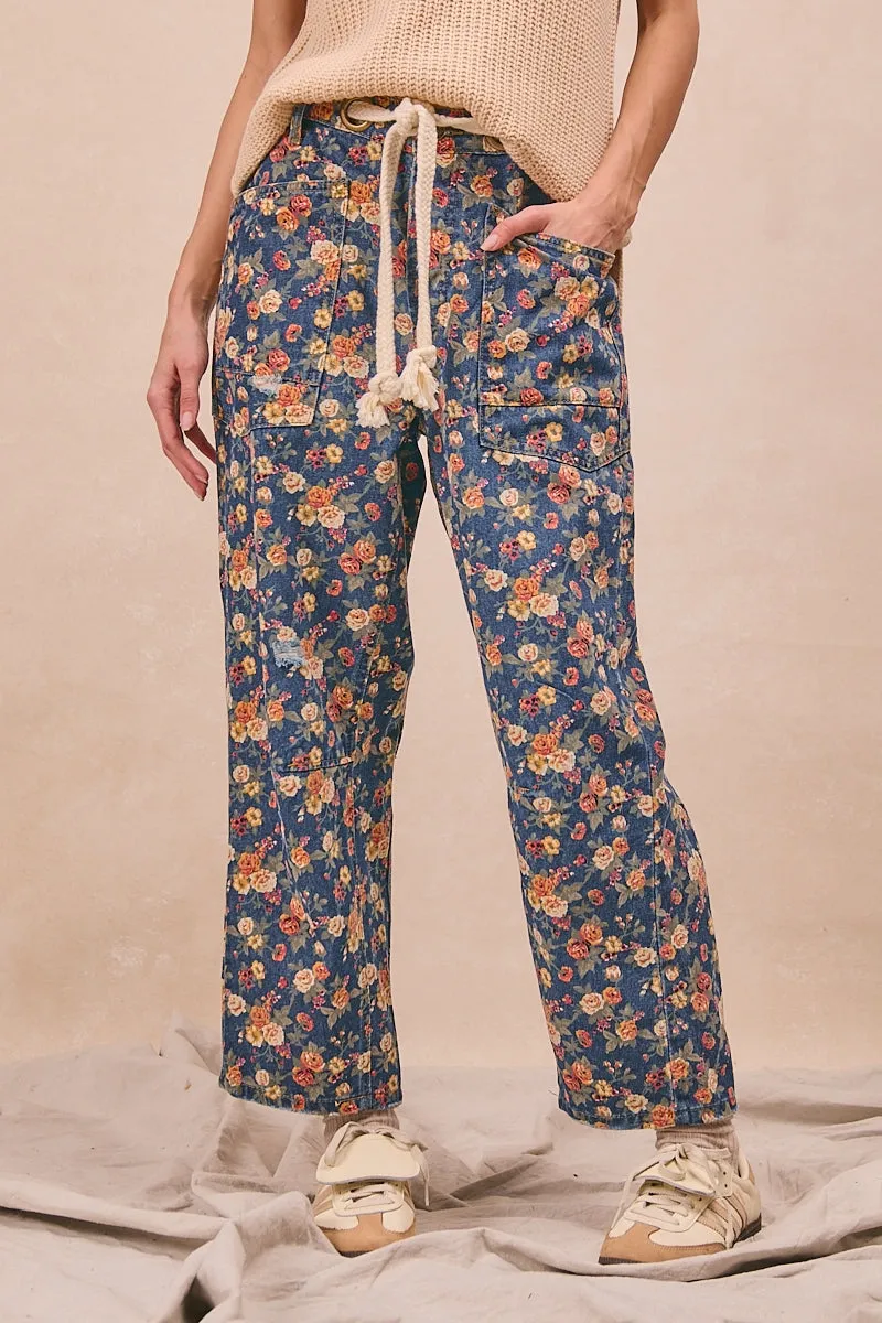 IB1537R-04 | MINERAL WASHED DENIM DITSY PRINTED BRAIDED WAIST BELT PANTS All Day Comfort