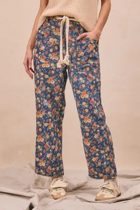 Work Ready IB1537R-04 | MINERAL WASHED DENIM DITSY PRINTED BRAIDED WAIST BELT PANTS