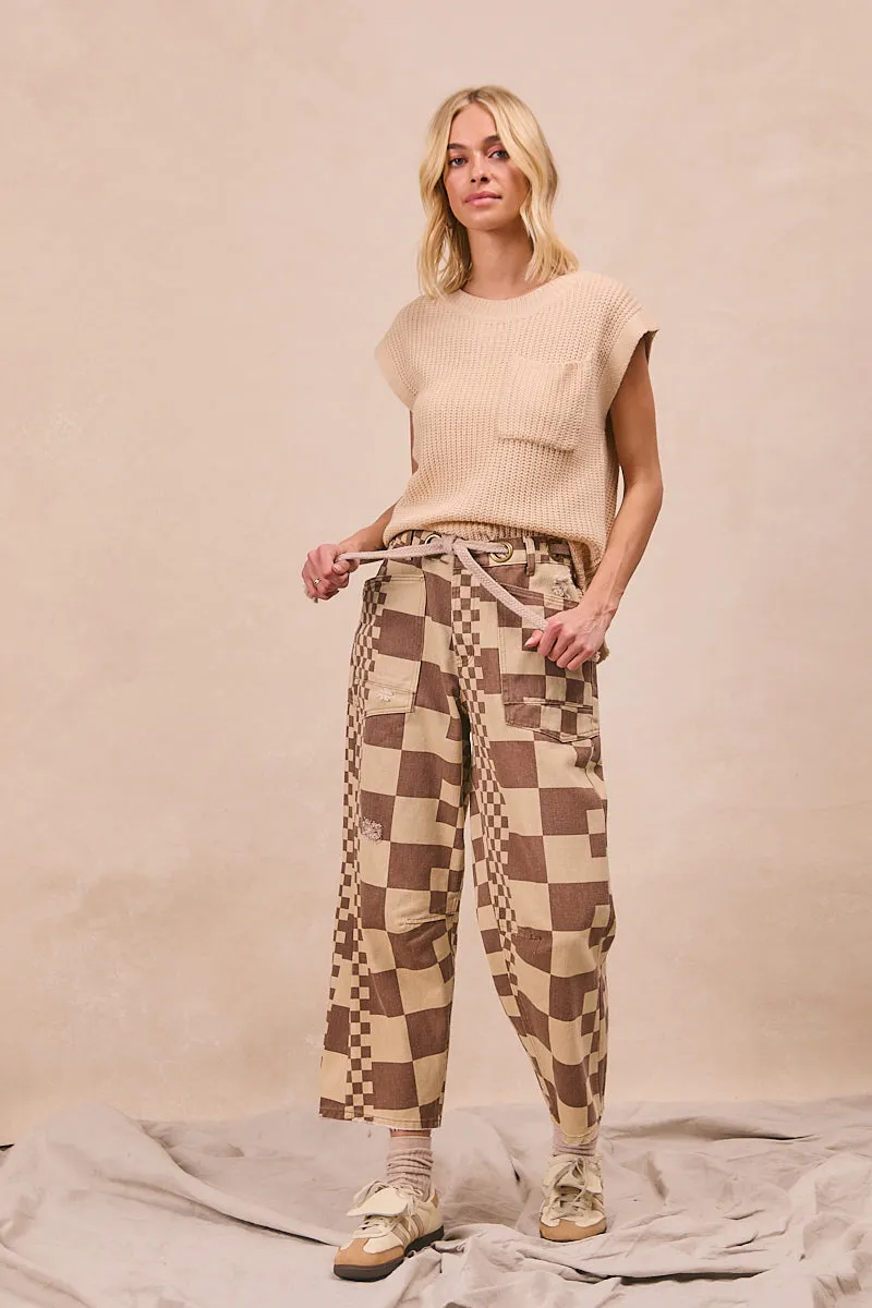 Work Flex Sleek Look IB1537R-09 | WASHED CHECKER BOARD PRINTED BRAIDED WAIST BELT DENIM PANTS