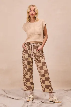 Stable Shape All weather IB1537R-09 | WASHED CHECKER BOARD PRINTED BRAIDED WAIST BELT DENIM PANTS