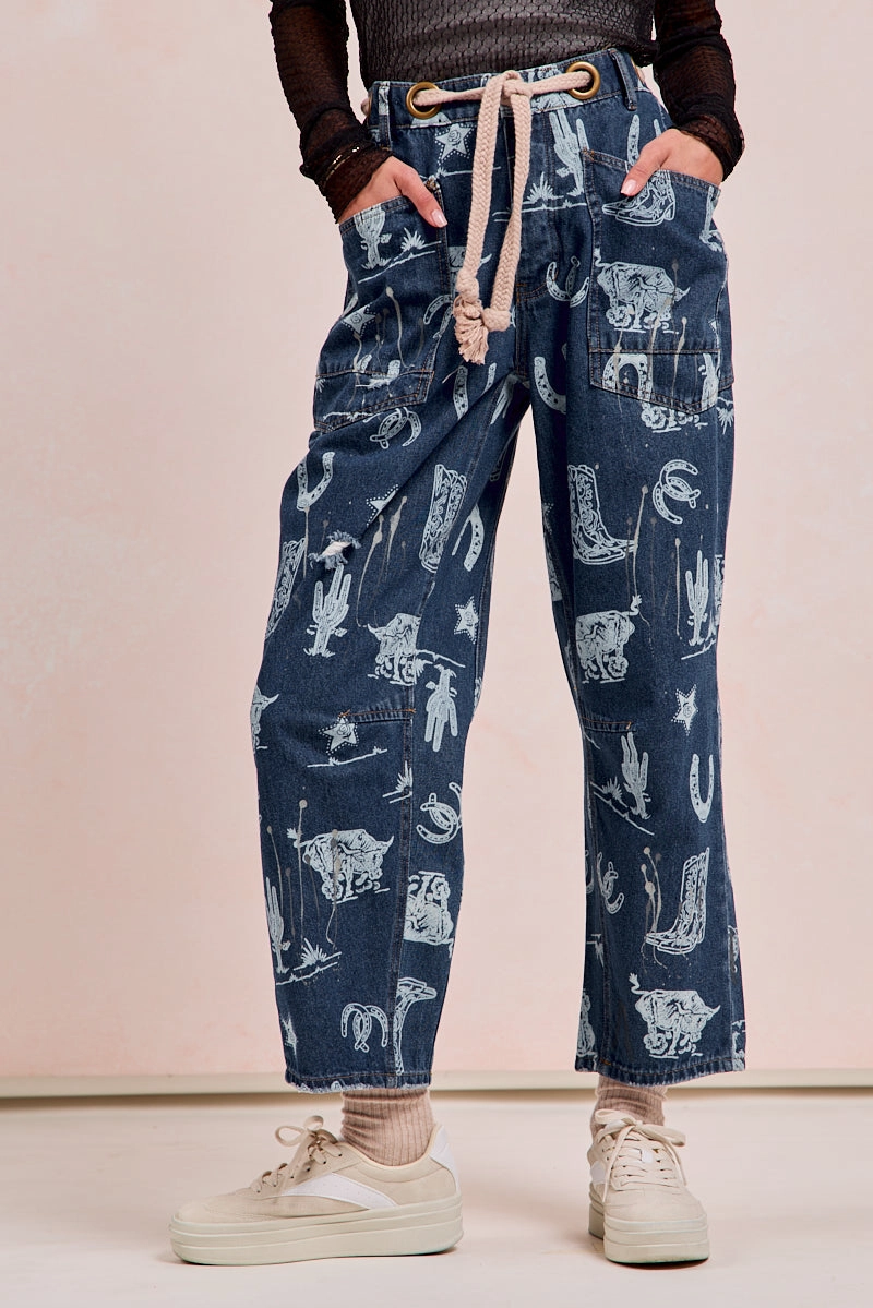 Practical Cold Piece IB1537R-07 | WASHED DRAW PRINTED DENIM PANTS WITH WAIST BELT