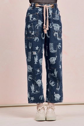 IB1537R-07P | WASHED DRAW PRINTED DENIM PANTS WITH WAIST BELT Airy Layer Fit retro look