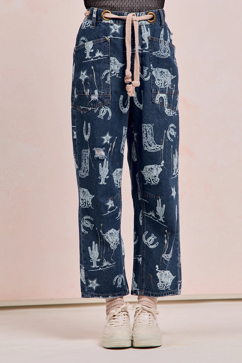 IB1537R-07P | WASHED DRAW PRINTED DENIM PANTS WITH WAIST BELT Airy Layer Fit retro look