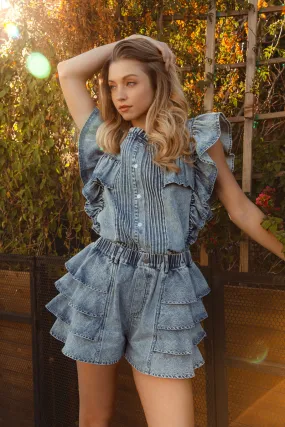Timeless Style IB1647S-01 | WASHED DENIM RUFFLED SHORTS
