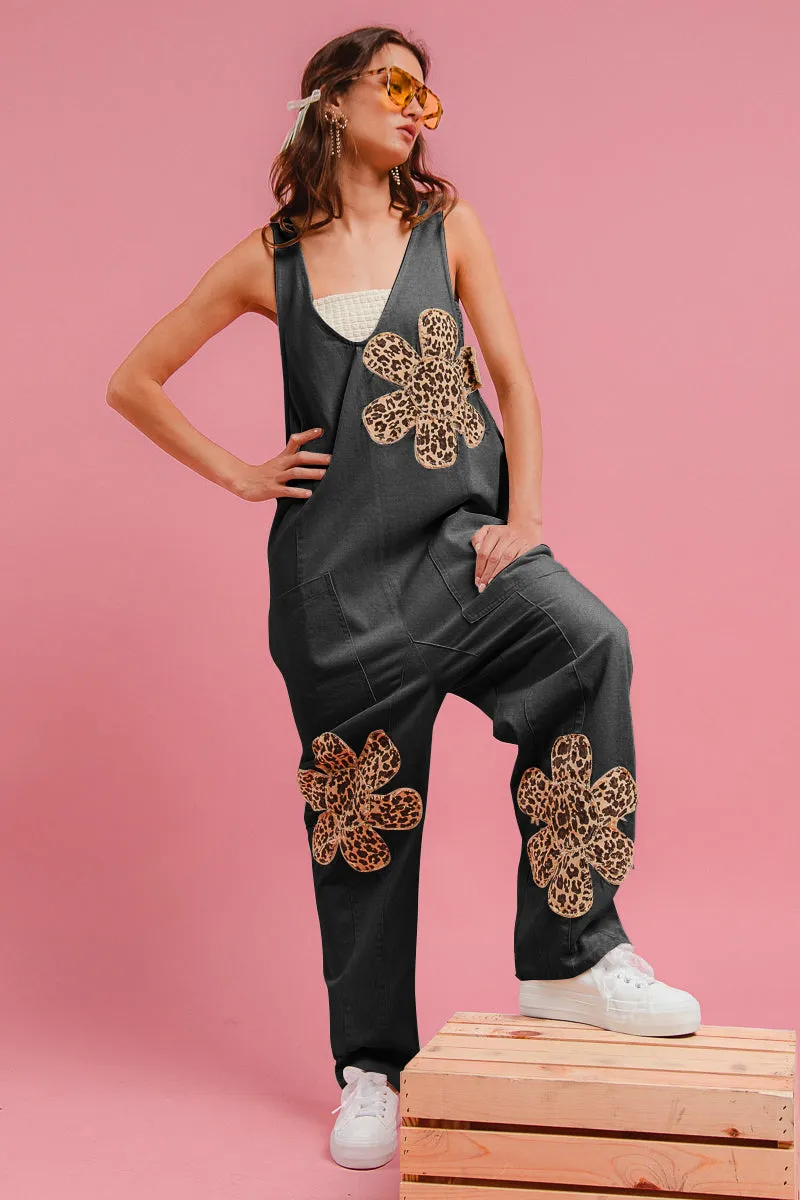 Layer Comfort IB1650R-01 | FLOWER PATCH WASHED DENIM JUMPSUIT WITH BACK ADJUSTABLE AND POCKET