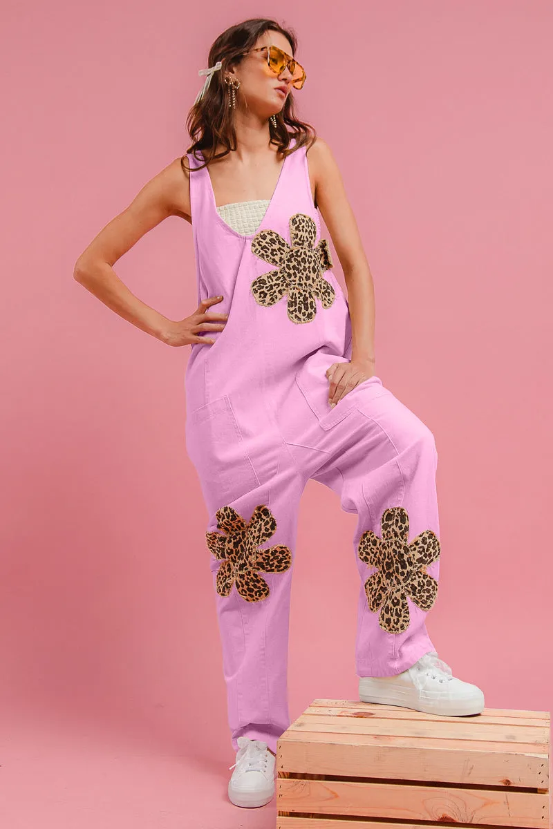 Freedom Motion Multi Purpose IB1650R-01 | FLOWER PATCH WASHED DENIM JUMPSUIT WITH BACK ADJUSTABLE AND POCKET