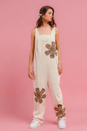 IB1650R-01 | FLOWER PATCH WASHED DENIM JUMPSUIT WITH BACK ADJUSTABLE AND POCKET Slim Silhouette