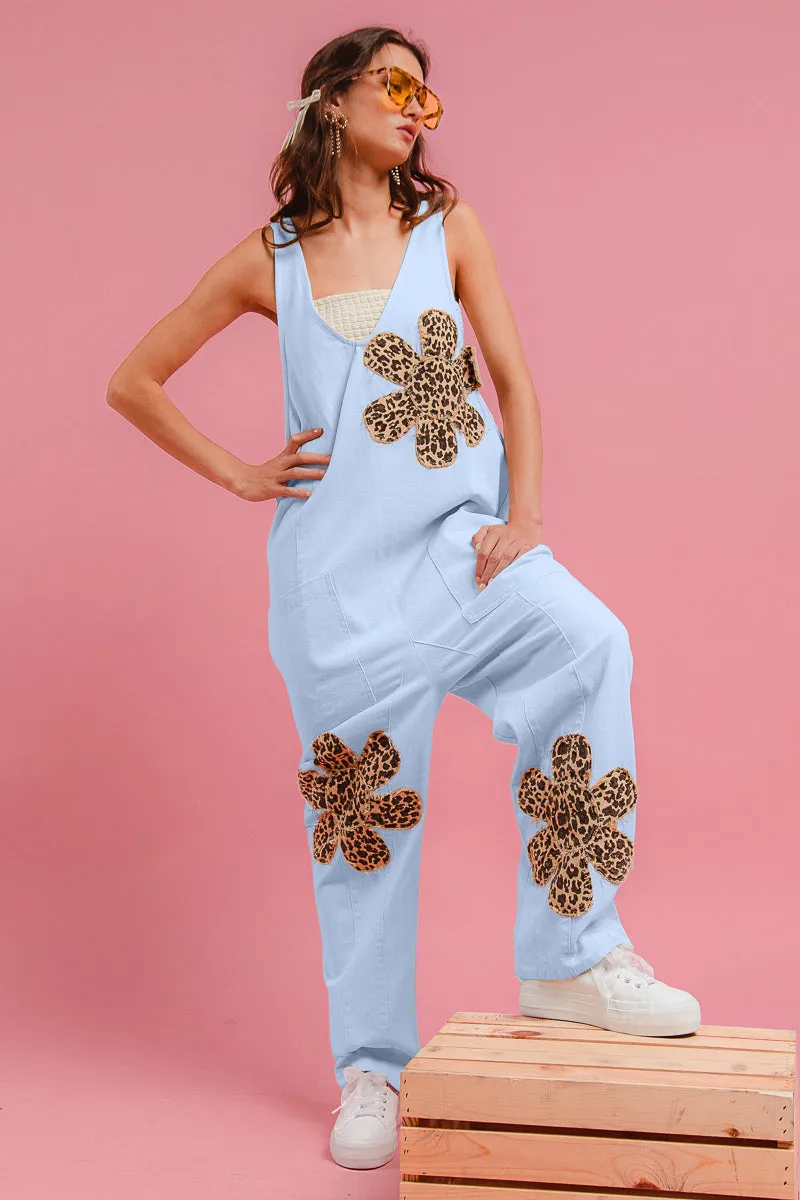 Simple Utility High Quality Material IB1650R-01 | FLOWER PATCH WASHED DENIM JUMPSUIT WITH BACK ADJUSTABLE AND POCKET