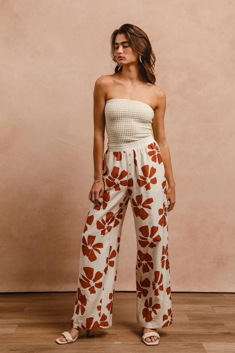 Smart Fit Relaxed Waist IB1654-01 | FLORAL PRINT WOVEN ELASTIC WAIST PANTS WITH SIDE POCKETS