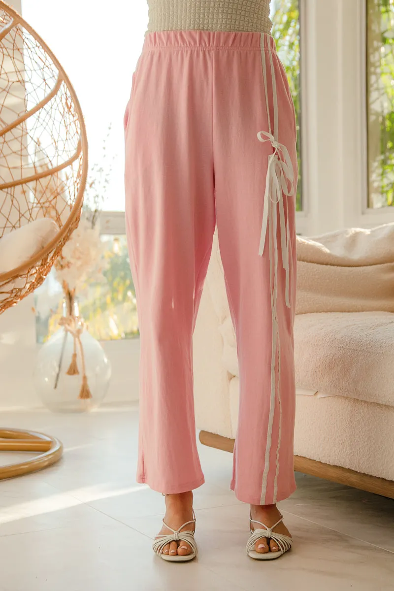 IB1737-01 | SOLID ONE SIDE LINED AND BOW DETAIL ELASTIC WAISTBAND CASUAL WIDE PANTS Side zipper Neutral Style