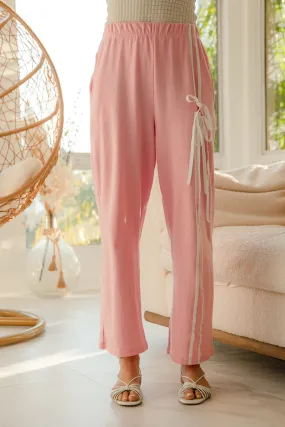 IB1737-01 | SOLID ONE SIDE LINED AND BOW DETAIL ELASTIC WAISTBAND CASUAL WIDE PANTS Soft Support Classic Comfort