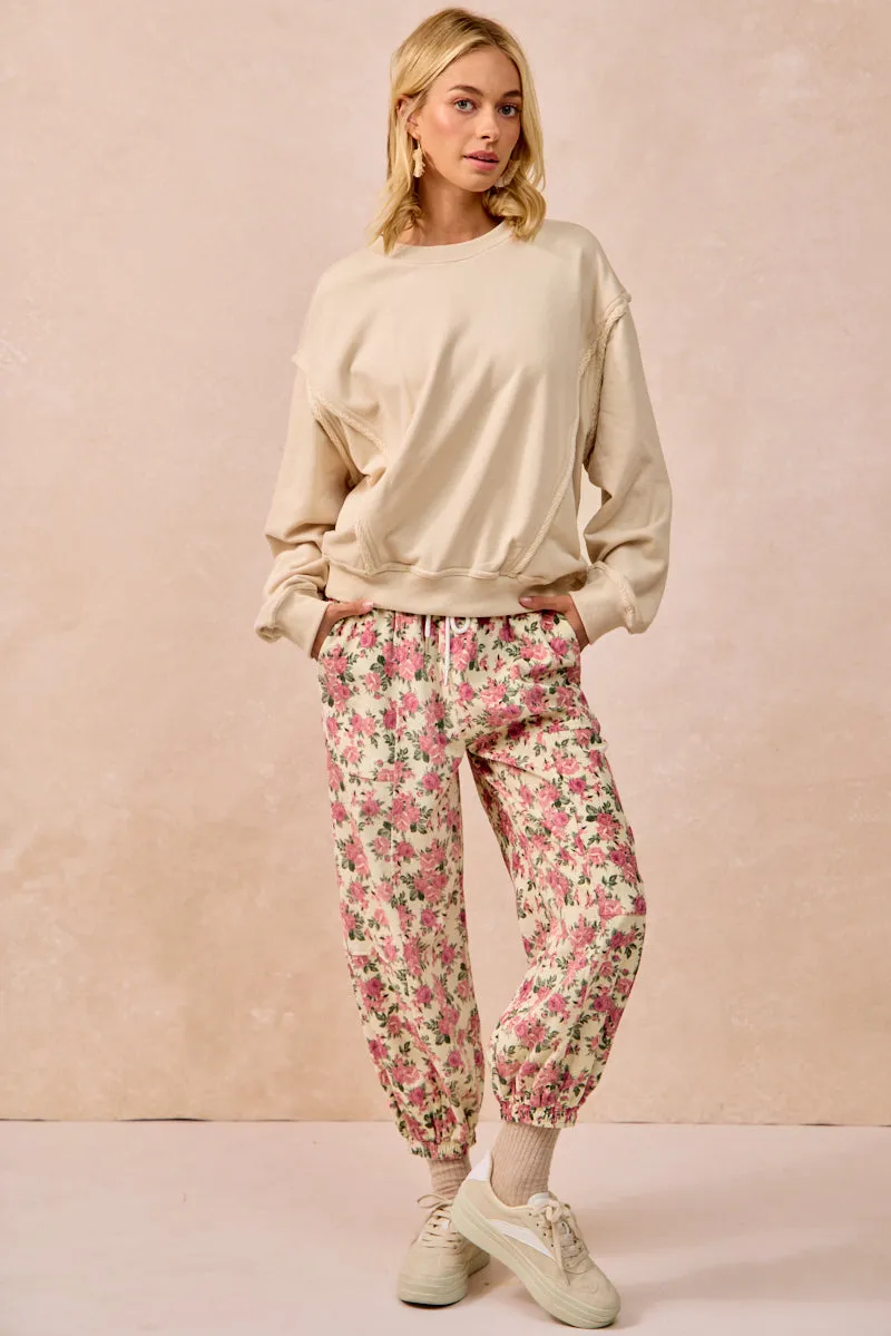 Button front Simple Utility IB1829-01 | FLORAL PRINTED TWILL PANTS WITH ELASTIC BAND