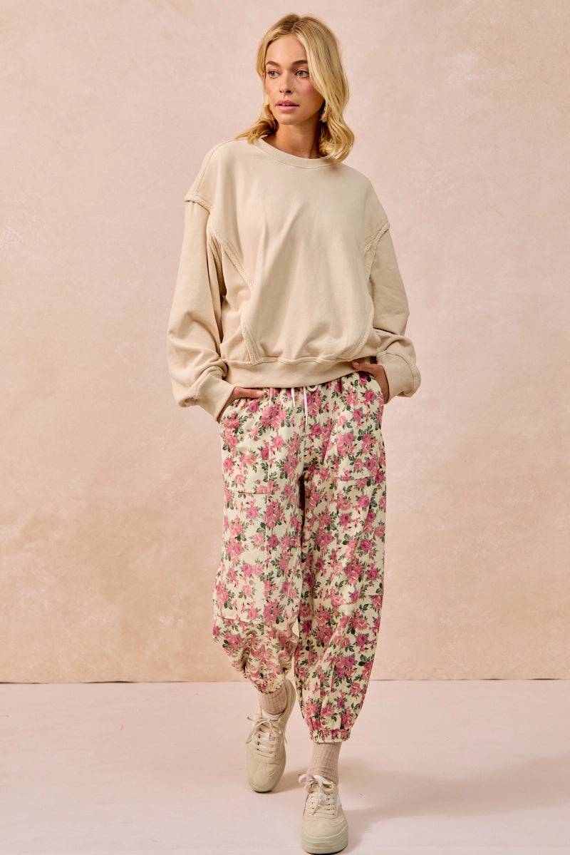 Clean Jacket Detail IB1829-01 | FLORAL PRINTED TWILL PANTS WITH ELASTIC BAND