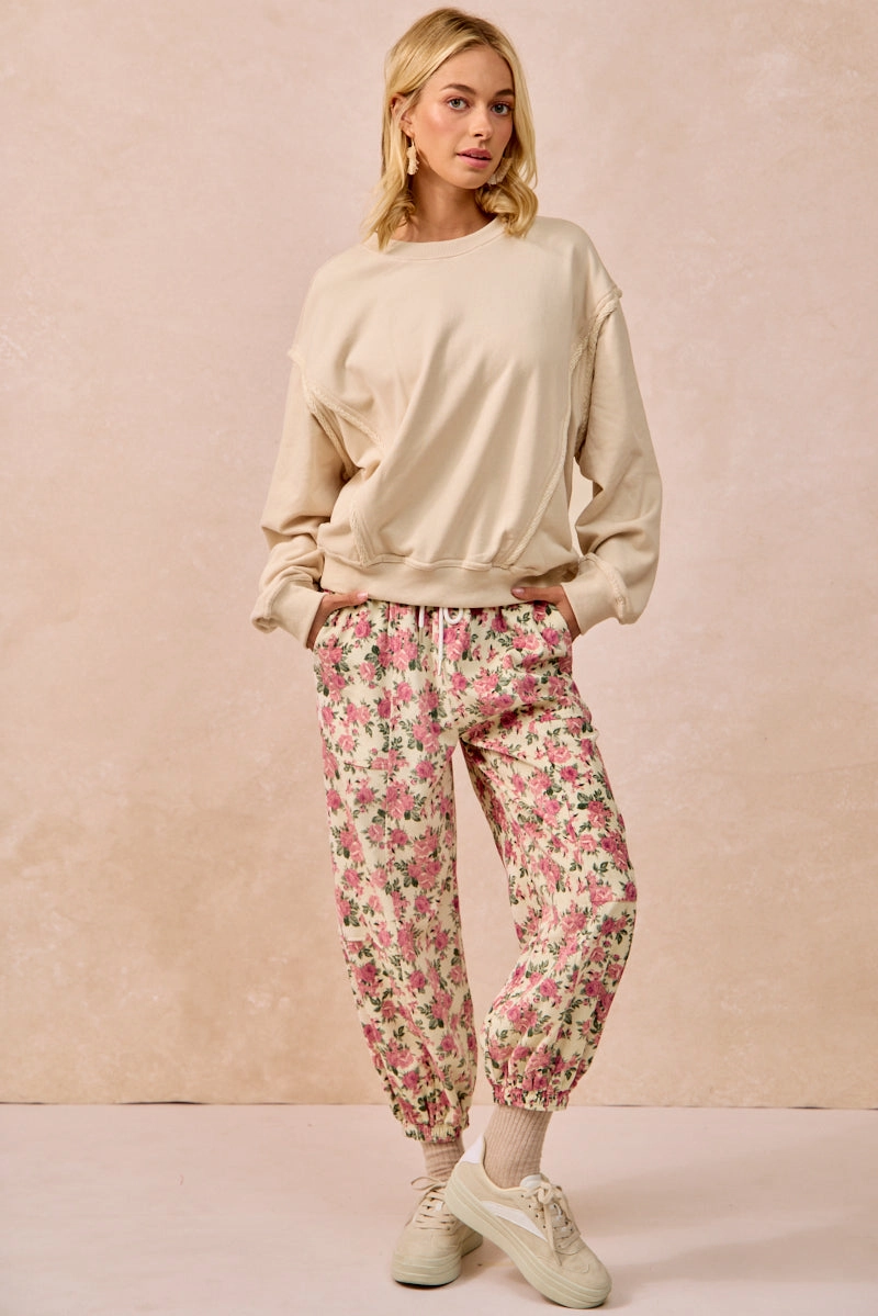 Street Look IB1829-01 | FLORAL PRINTED TWILL PANTS WITH ELASTIC BAND