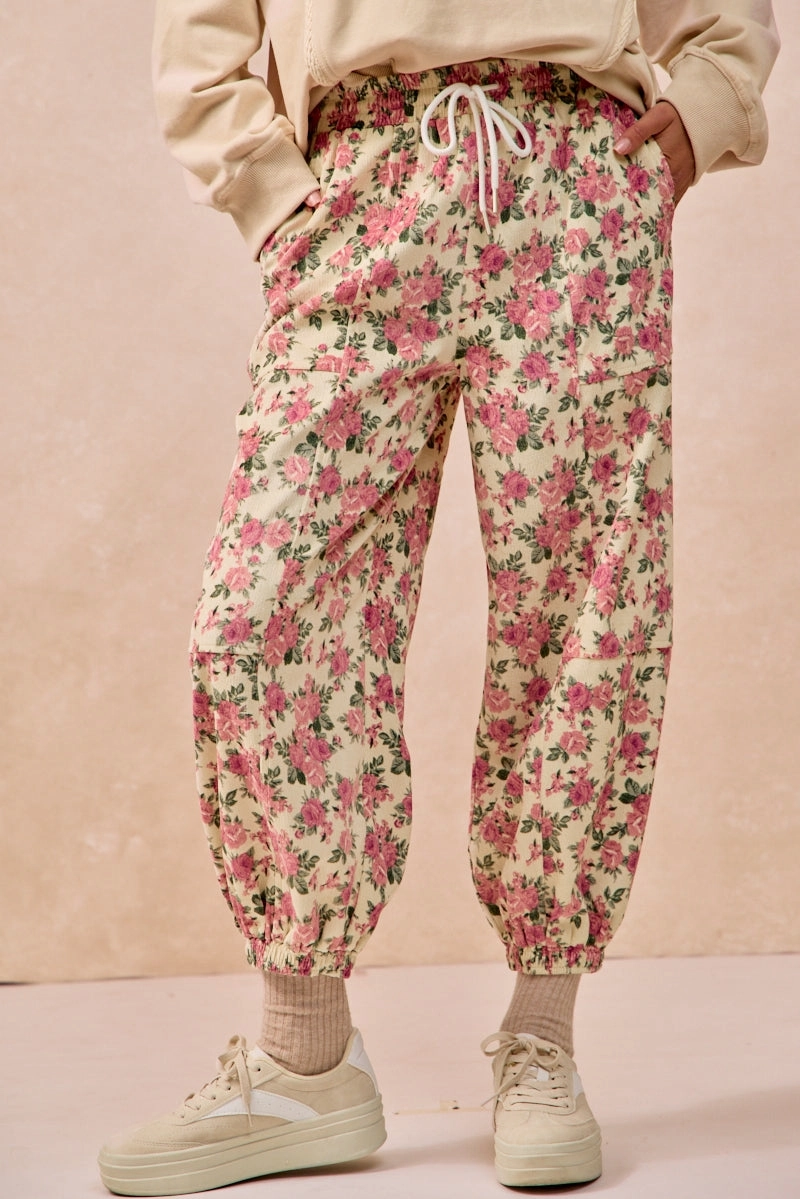 Casual Style IB1829-01 | FLORAL PRINTED TWILL PANTS WITH ELASTIC BAND