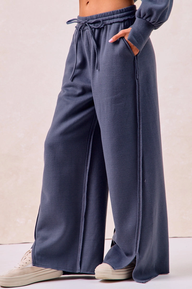 IB1840K-01 | SOLID FRENCH TERRY PANTS WITH CUT EDGE DETAILS Casual Staple Belted Style