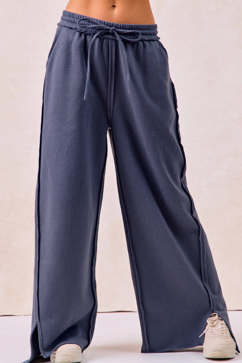 IB1840K-01 | SOLID FRENCH TERRY PANTS WITH CUT EDGE DETAILS Light Look Breathable City Style