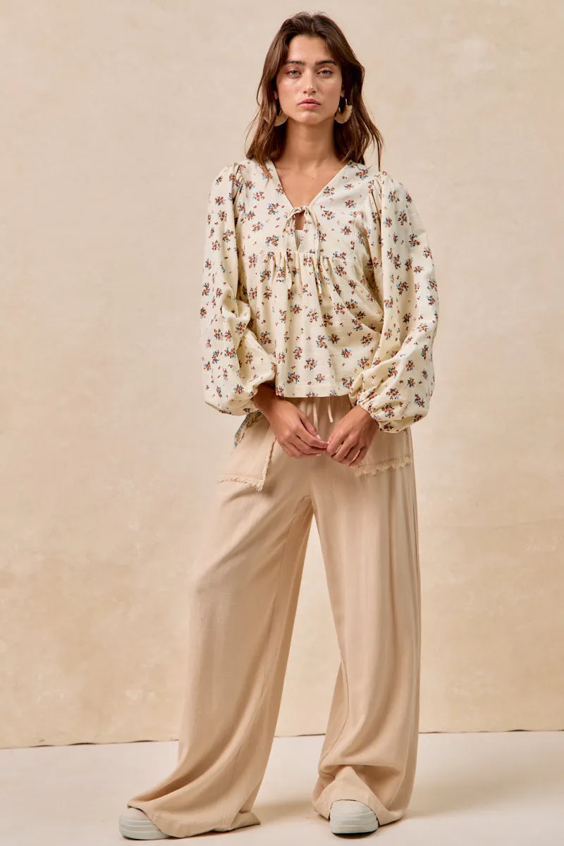 IB1844K-01 | FLORAL EMBROIDERED SOLID PANTS WITH WAIST ELASTIC Fresh Fit