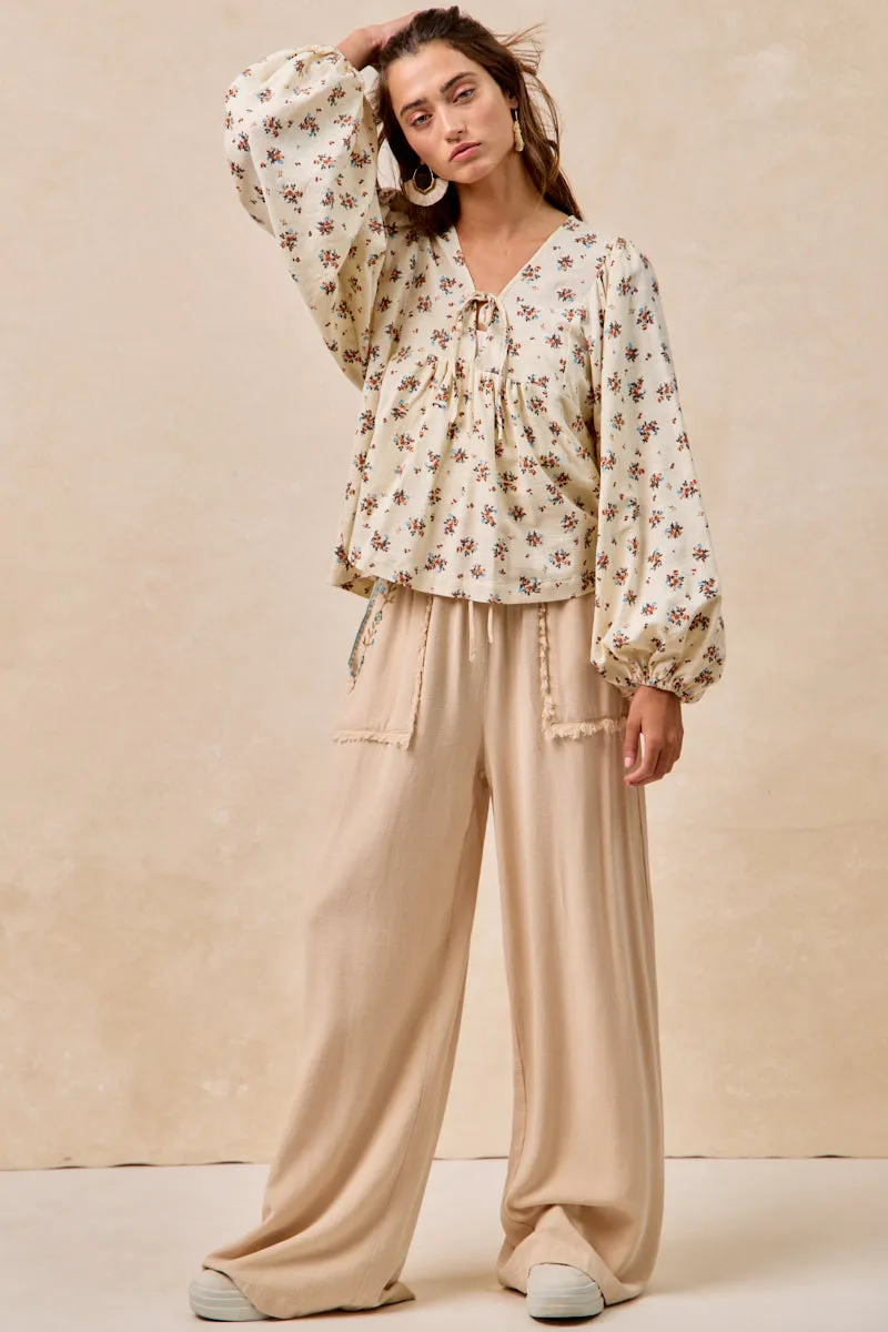 IB1844K-01 | FLORAL EMBROIDERED SOLID PANTS WITH WAIST ELASTIC Smart Style