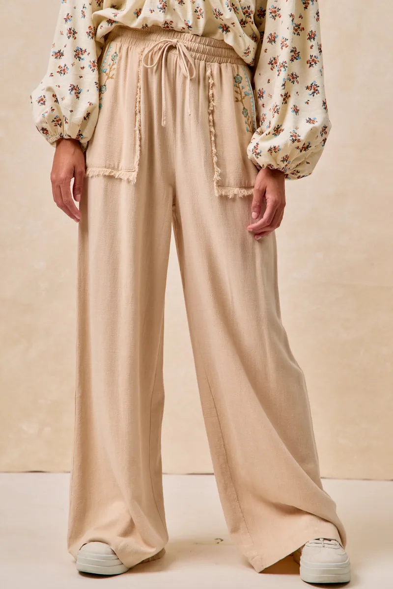 IB1844K-01 | FLORAL EMBROIDERED SOLID PANTS WITH WAIST ELASTIC Versatile Daily Layer