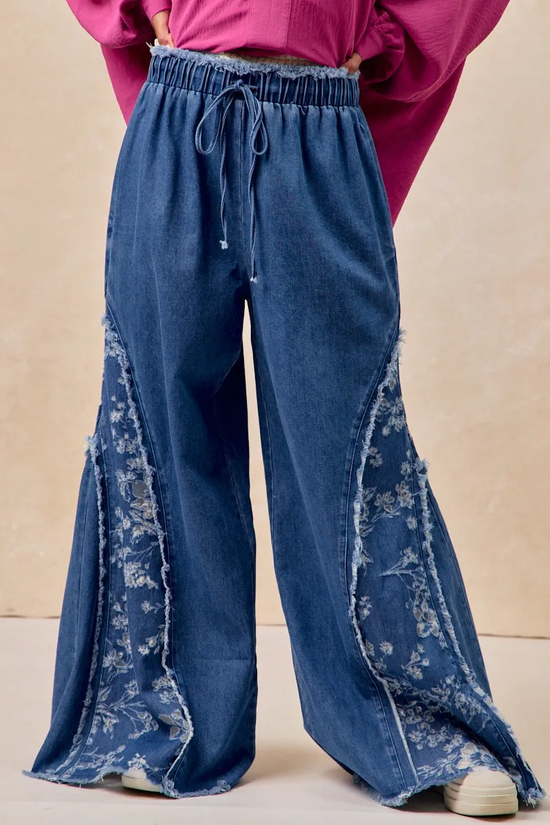Versatile Design Lightweight Design IB1847K-01 | WASHED DENIM PATNS WITH FLORAL PATTERN