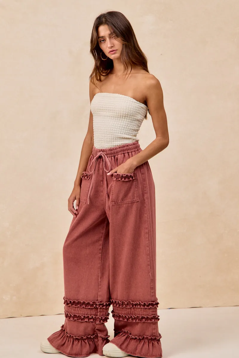 IB1853H-01 | WASHED DENIM WIDE PANTS WITH RUFFLED DETAILS Flexible Leg Work Flex