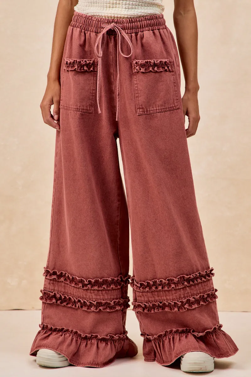 Relaxed wear All Day Fit IB1853H-01 | WASHED DENIM WIDE PANTS WITH RUFFLED DETAILS