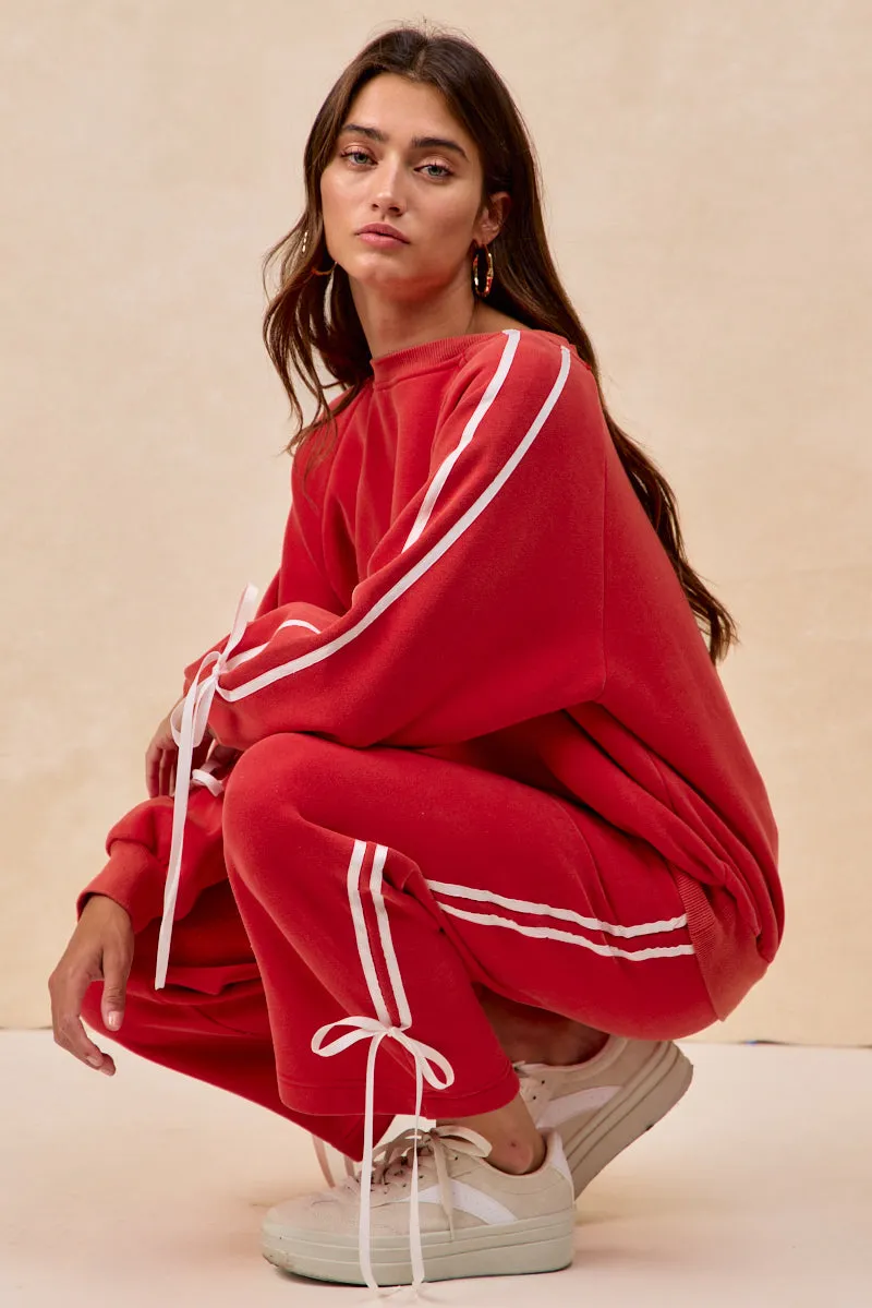 Cool Weather IB1856G-01 | SIDE LINED BOW DETAILS WASHED FLEECE SWEATPANTS