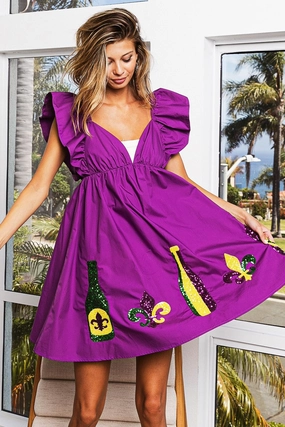 ID1511G-01 | MARDI GRAS SEQUIN EMBROIDERY RUFFLED DRESS Social Ease Contemporary Look