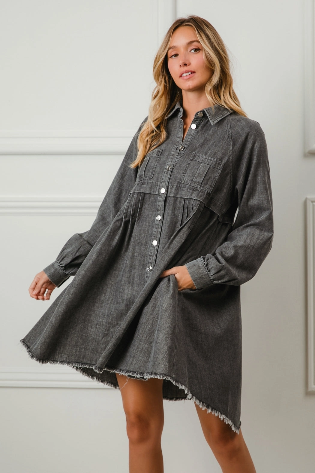 Modern Edge Windbreaker Inspired Fit ID1805R-01 | MINERAL WASHED BUTTON DOWN DRESS WITH SIDE POCKET