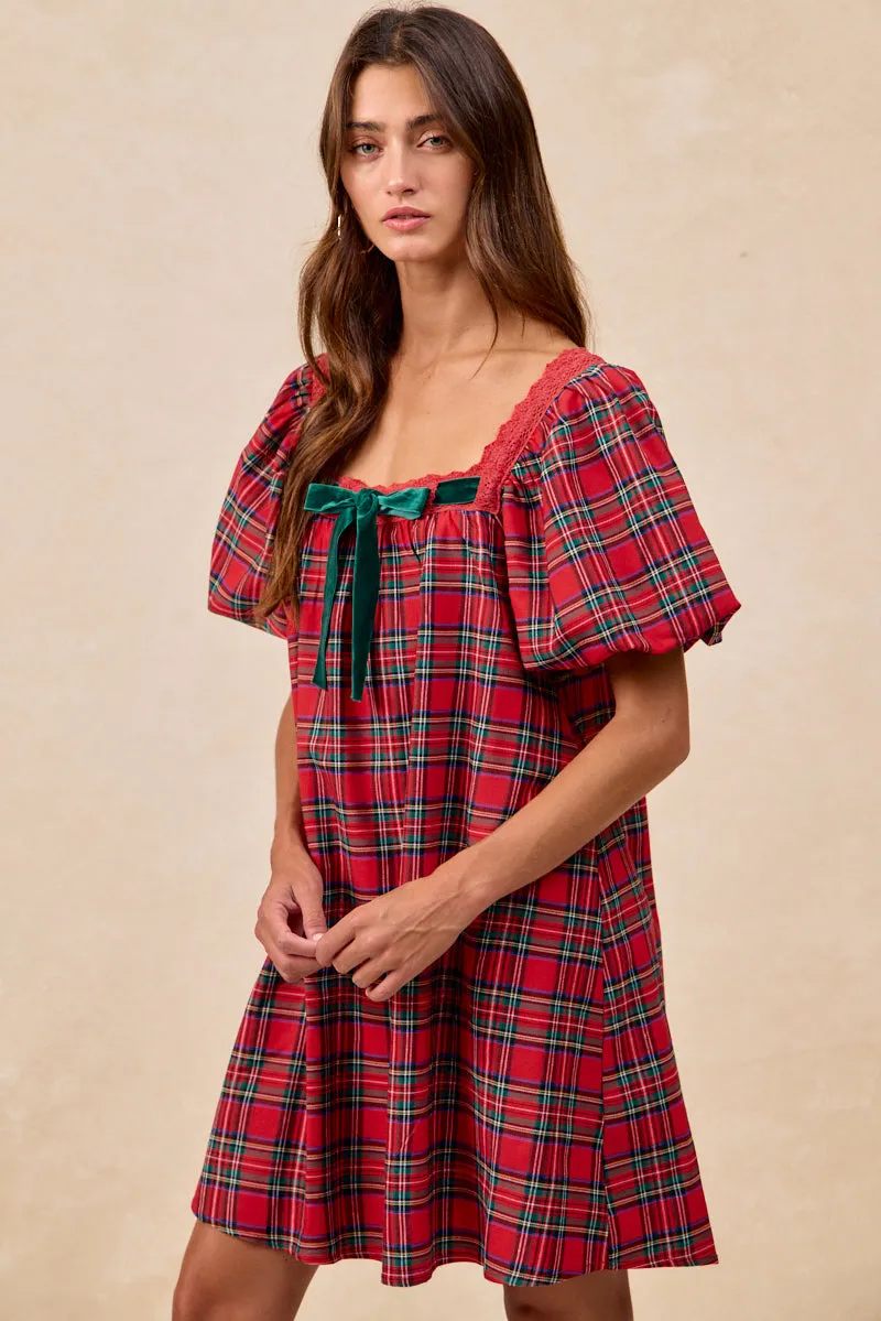 ID1999S-03 | CHRISTMAS PLAID BALLOON SLEEVES SQUARED NECK DRESS Outdoor Use