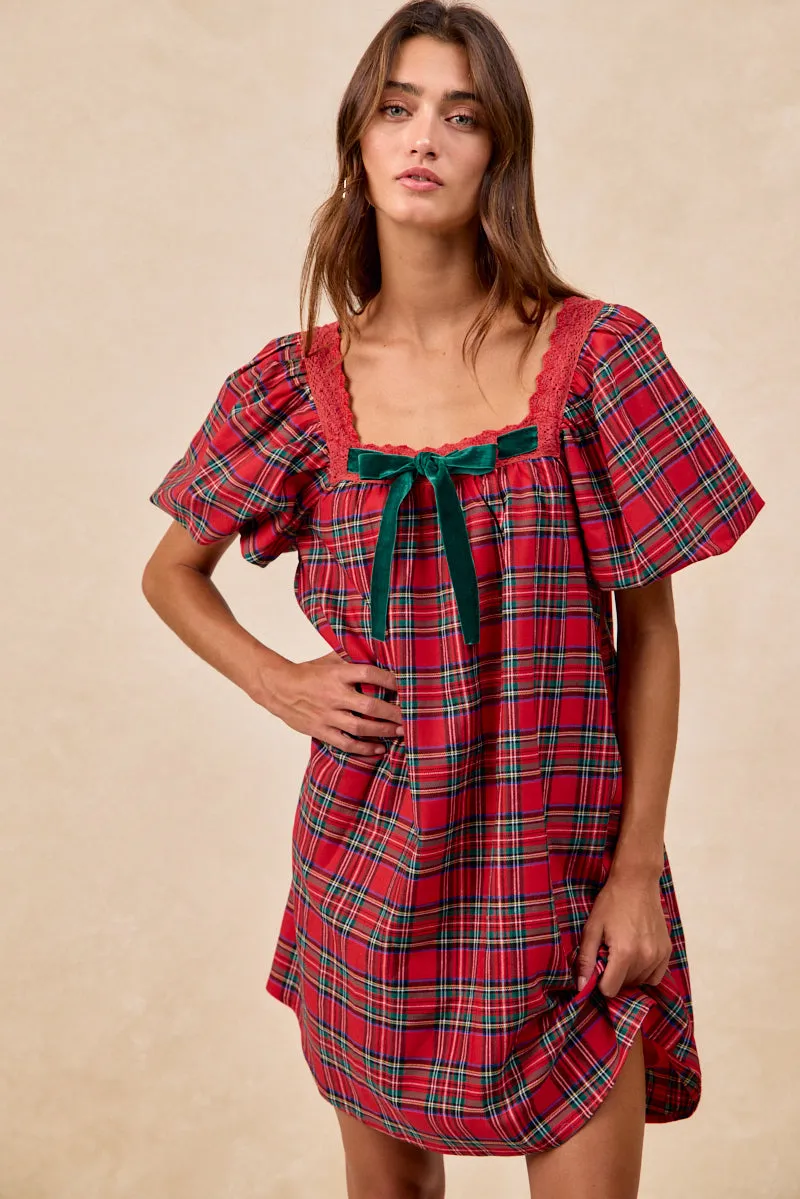 Rainy Day ID1999S-03 | CHRISTMAS PLAID BALLOON SLEEVES SQUARED NECK DRESS