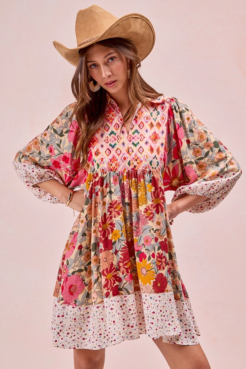 Outdoor Style Staple ID2000R-02 | PRINT MIX AND MATCH BUBBLE SLEEVE DRESS