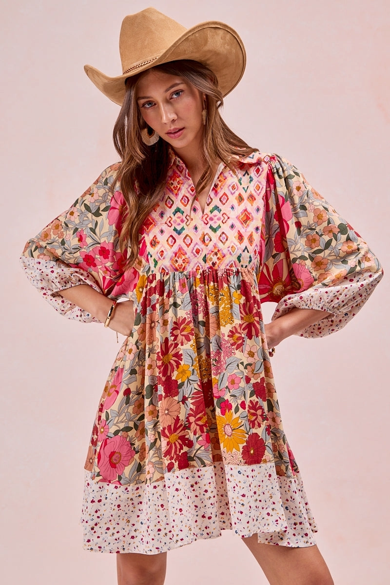 Modern Utility ID2000R-02 | PRINT MIX AND MATCH BUBBLE SLEEVE DRESS