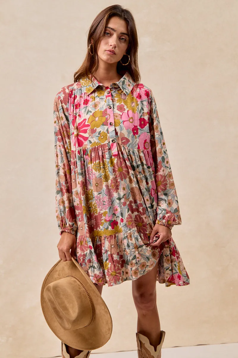 All weather Comfy Fit Piece ID2029G-11 | FLORAL PRINT SHIRRING BUTTONED TIERED SHIRT DRESS