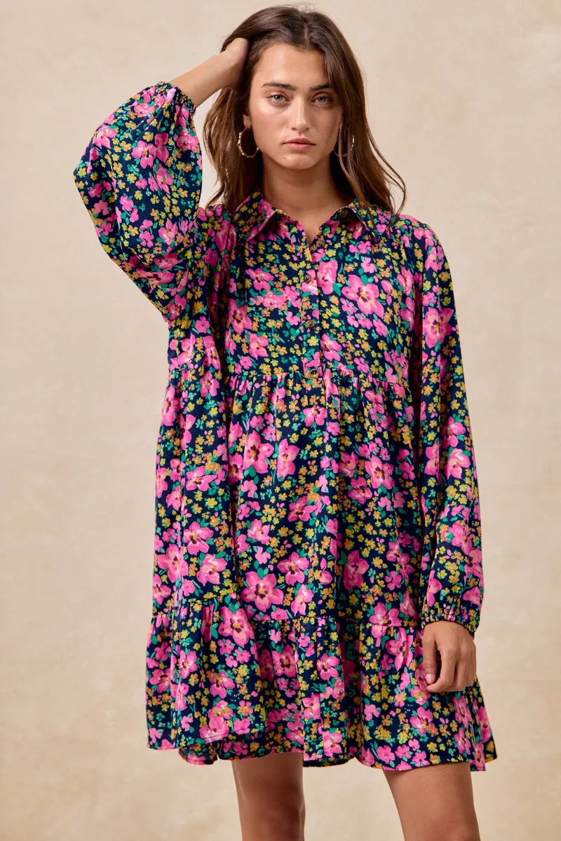 Cool Tone ID2029G-14 | FLORAL PRINT SHIRRING BUTTONED TIERED SHIRT DRESS