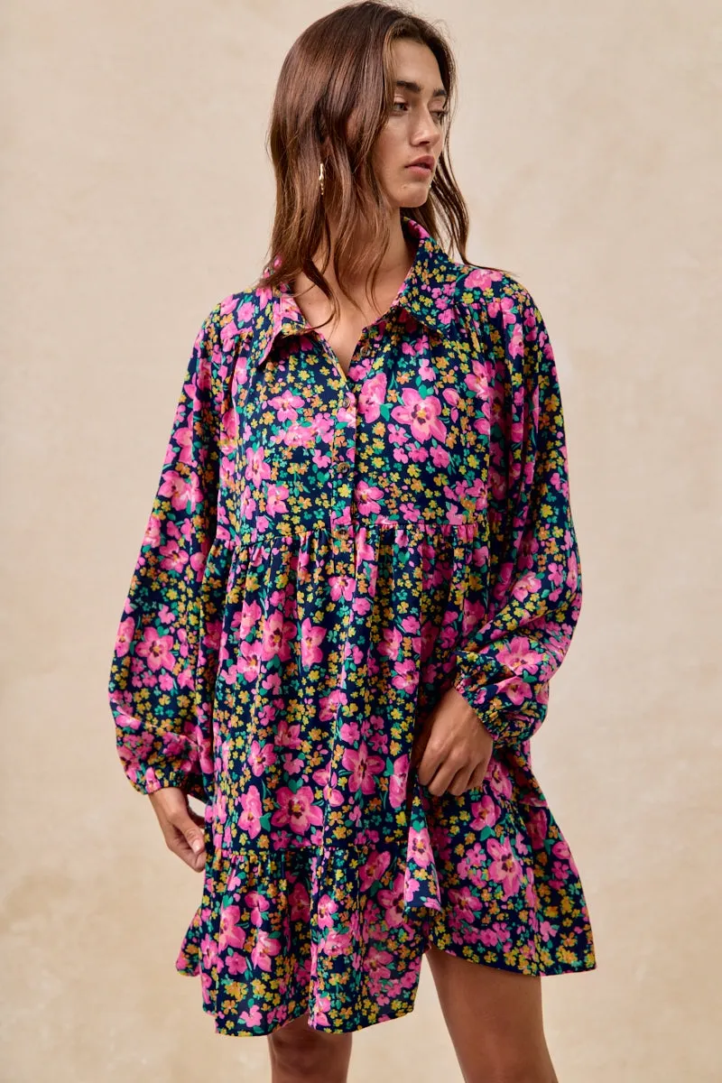 Classic Look Cold Weather Gear ID2029G-14 | FLORAL PRINT SHIRRING BUTTONED TIERED SHIRT DRESS