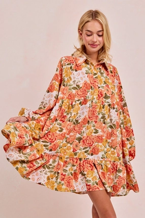 ID2029G-06 | FLORAL PRINT SHIRRING HALF BUTTONED SHIRT DRESS Hiking Trail Outfit Functional Zip Detail