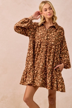 ID2029G-07 | FLORAL PRINTED SHIRRING BUTTONED SHIRT DRESS Light Look Textured Finish