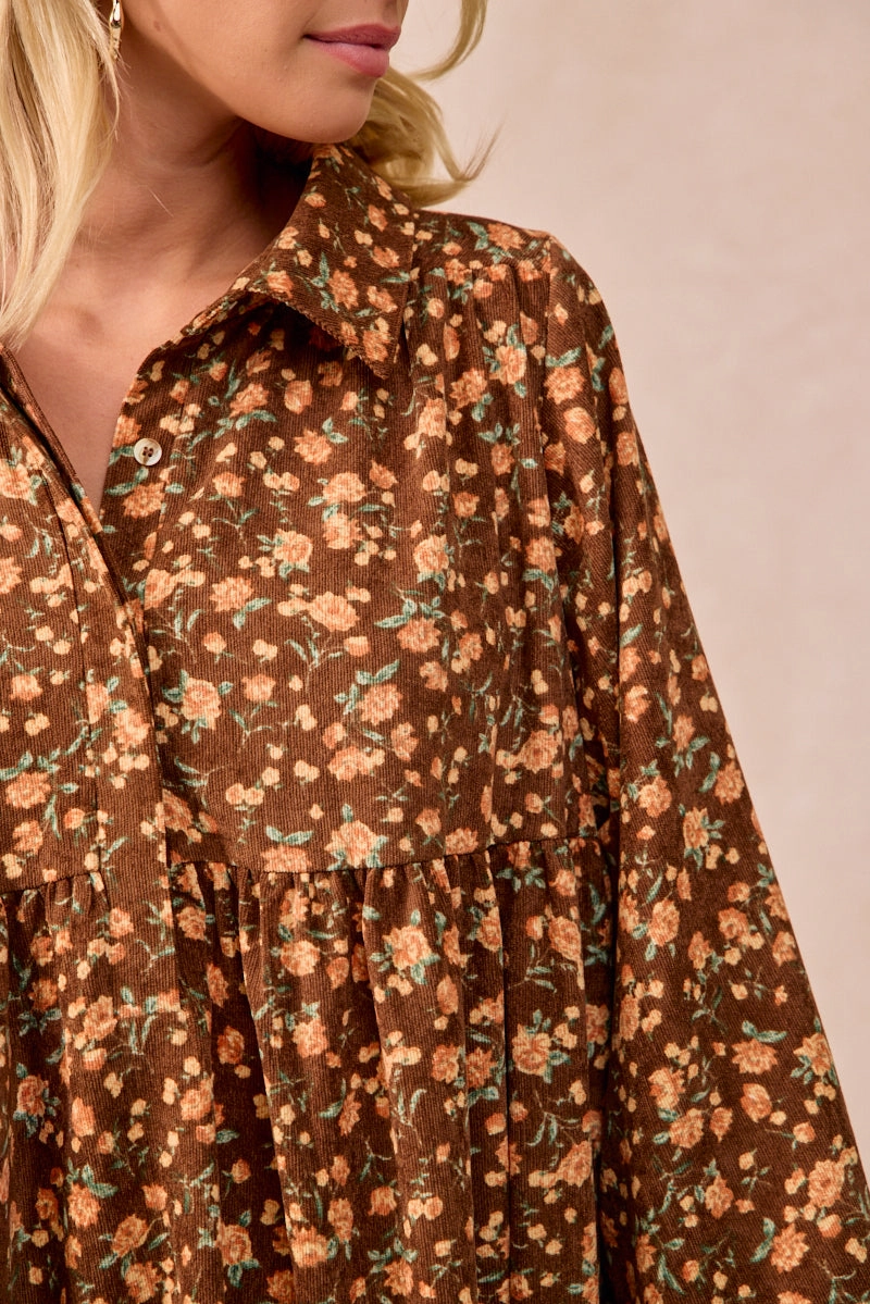 ID2029G-07 | FLORAL PRINTED SHIRRING BUTTONED SHIRT DRESS Classic Fit Cut Checkered Style