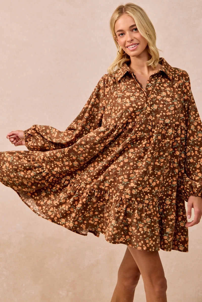 Hidden Zipper ID2029G-07 | FLORAL PRINTED SHIRRING BUTTONED SHIRT DRESS