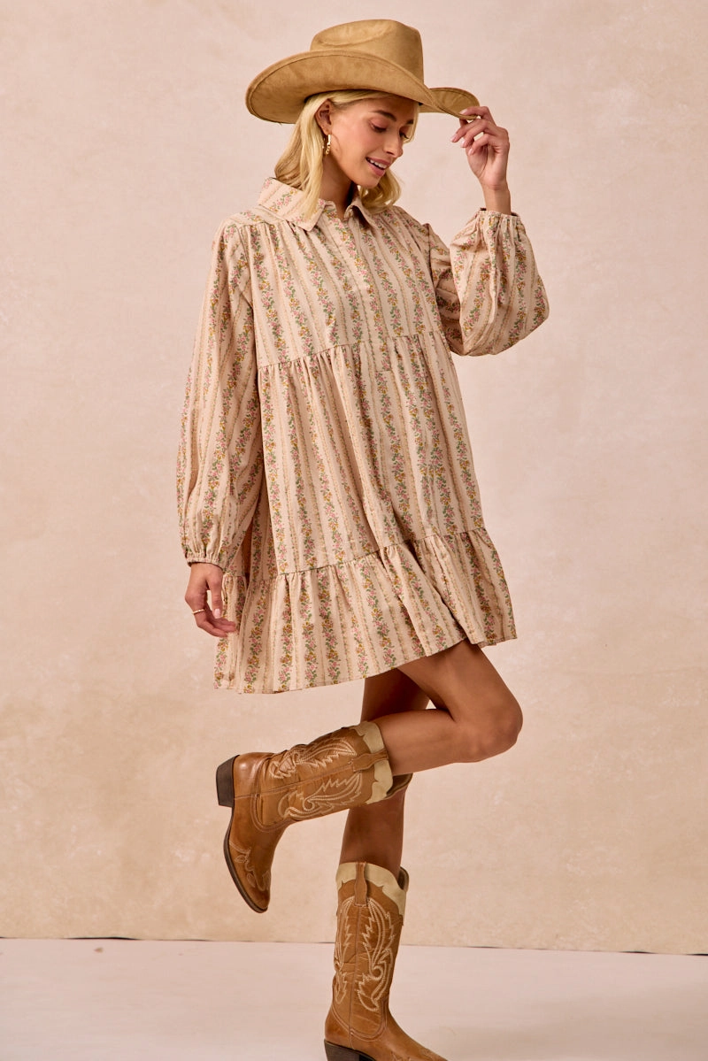 Sleek Design ID2029G-09 | FLORAL PRINT SHIRRING HALF BUTTONED SHIRT DRESS