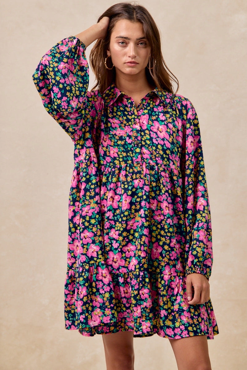 ID2029G-14 | FLORAL PRINT SHIRRING BUTTONED TIERED SHIRT DRESS Lightweight Feel