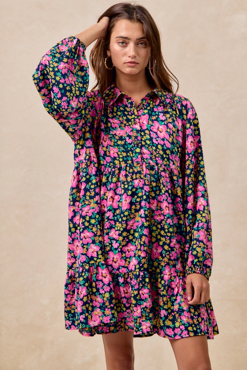 Travel Essential Lightweight Feel ID2029G-14 | FLORAL PRINT SHIRRING BUTTONED TIERED SHIRT DRESS
