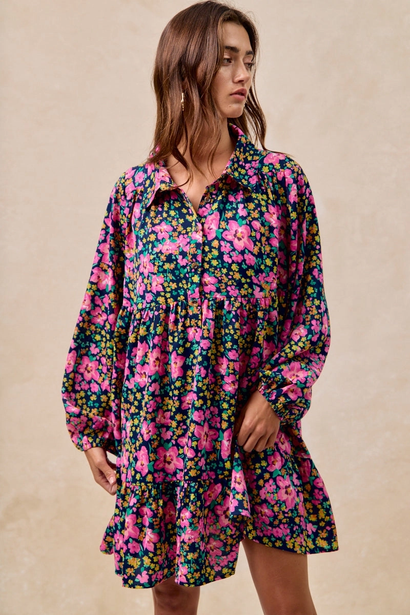ID2029G-14 | FLORAL PRINT SHIRRING BUTTONED TIERED SHIRT DRESS Core Flex