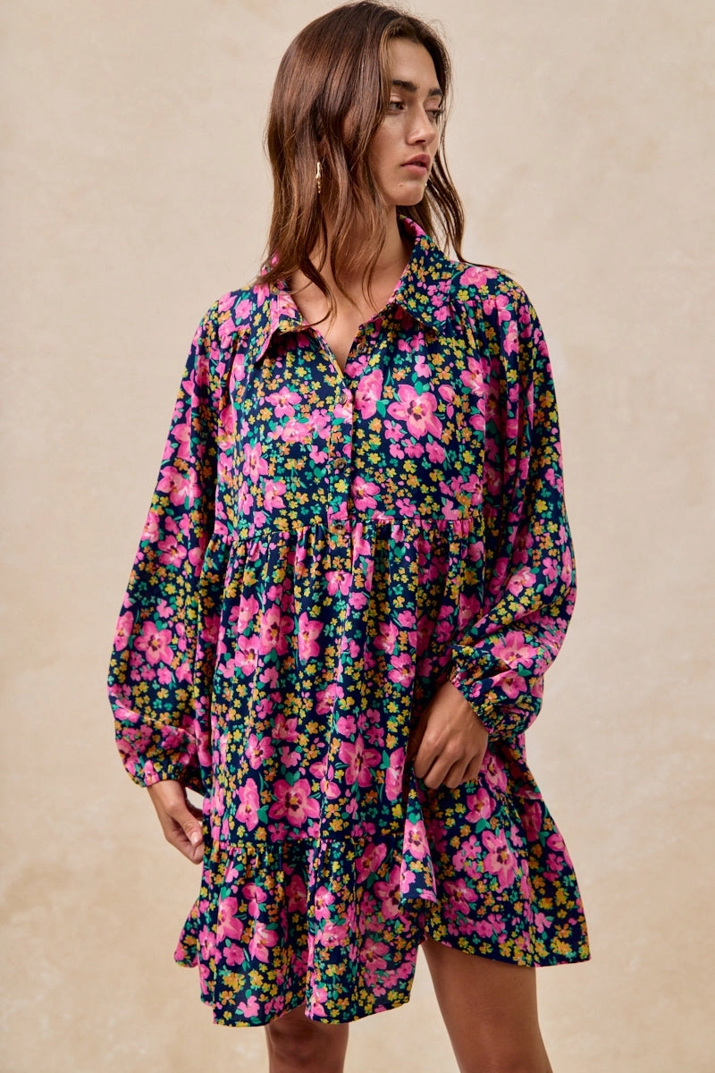 ID2029G-14 | FLORAL PRINT SHIRRING BUTTONED TIERED SHIRT DRESS Performance Comfort Cropped hem